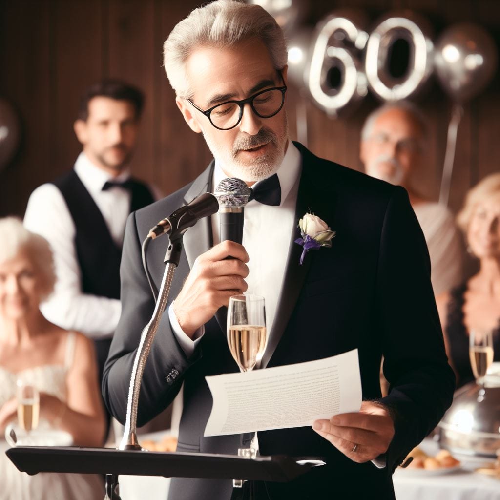 Ein Mann im Smoking spricht während einer Geburtstagsüberraschung in ein Mikrofon.