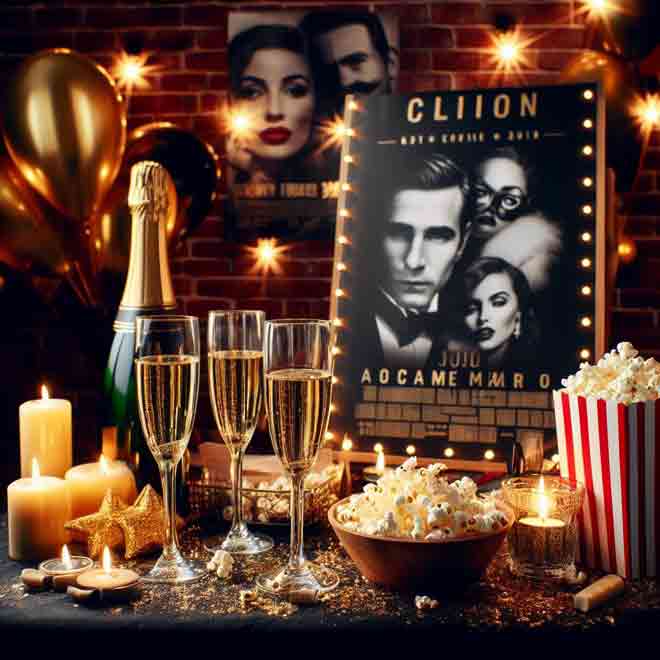 Oscar Party Mottos mit Champagner, Popcorn und einem Filmplakat.