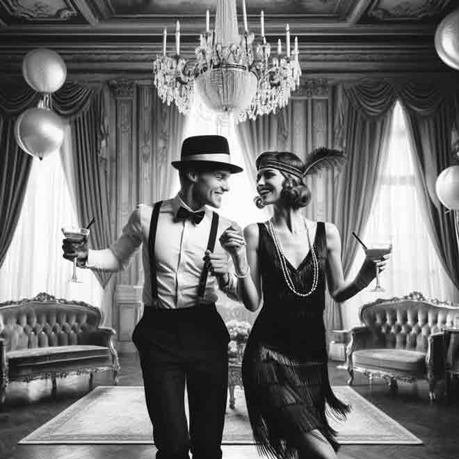 Ein Schwarz-Weiß-Foto eines tanzenden Paares auf einer Great Gatsby Mottoparty.