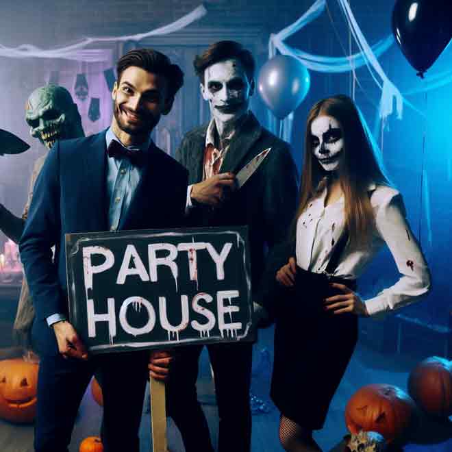 Eine Gruppe von Menschen hält ein Schild mit dem Halloween Party Motto