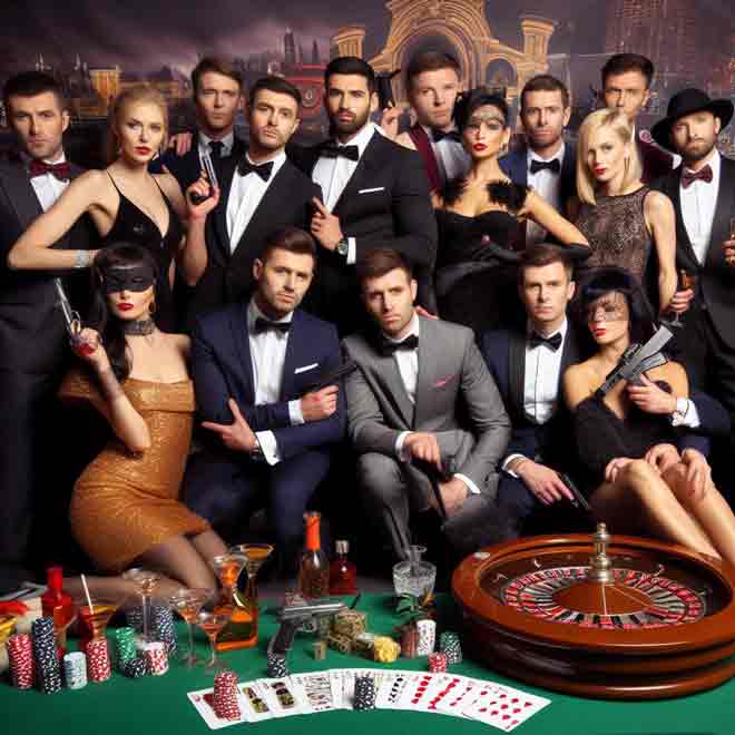 Eine Gruppe Erwachsener posiert vor einem Casinotisch auf einer James Bond Motto Geburtstagsparty.
