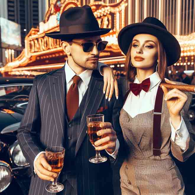 Ein Mann und eine Frau in Anzug und Hut stehen auf einer Mottoparty neben einem Oldtimer.