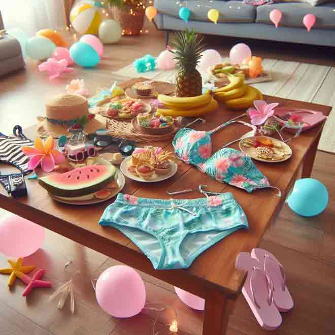 Mottoparty Sommer Erwachsene: Eine festliche Auswahl an Speisen und bunten Luftballons, Bikini, die ein Wohnzimmer schmücken.