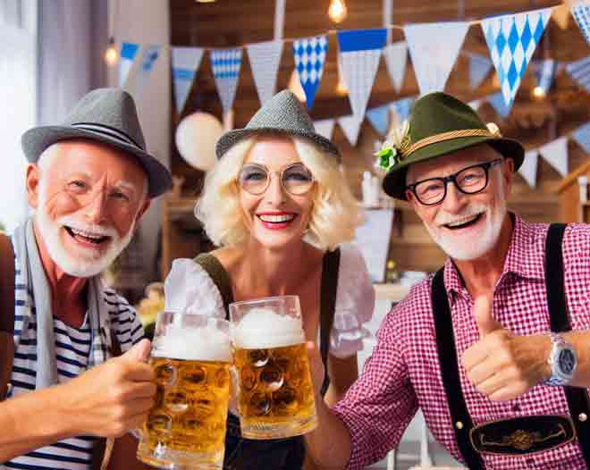 Eine Gruppe älterer Menschen mit Biergläsern auf einer Oktoberfest Party Ideen Erwachsene.