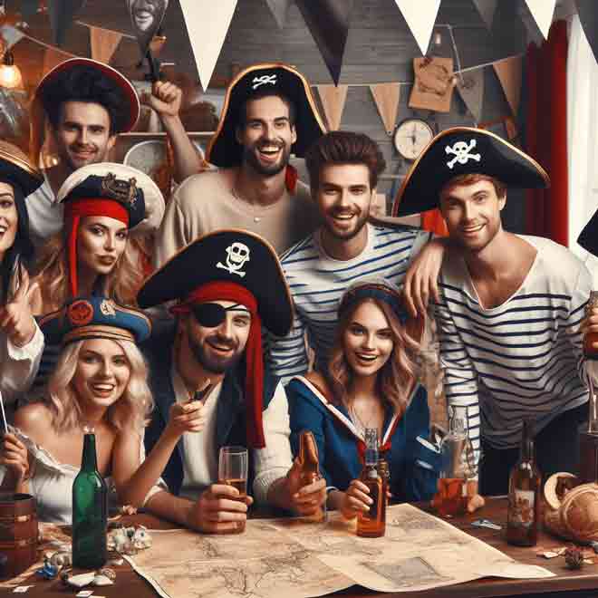 Eine Gruppe Erwachsener mit Piratenhüten posiert für ein Foto zum Thema Piraten Motto Party Erwachsene.