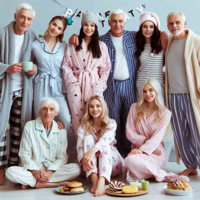Eine Gruppe Erwachsener im Pyjama posiert für ein Foto auf einer Pyjama Mottoparty.