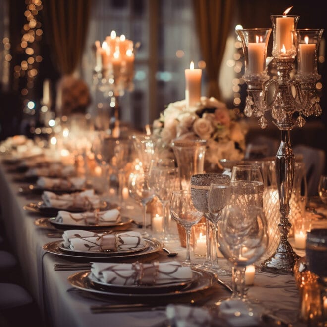 Ein wunderschön dekorierter Tisch mit Kerzen und Besteck, eine Feier Silberhochzeit Ideen.