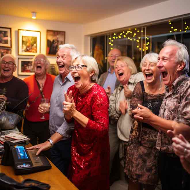 Eine Gruppe lachender Menschen während einer lustigen Showeinlage zum 60. Geburtstag in einem Wohnzimmer.