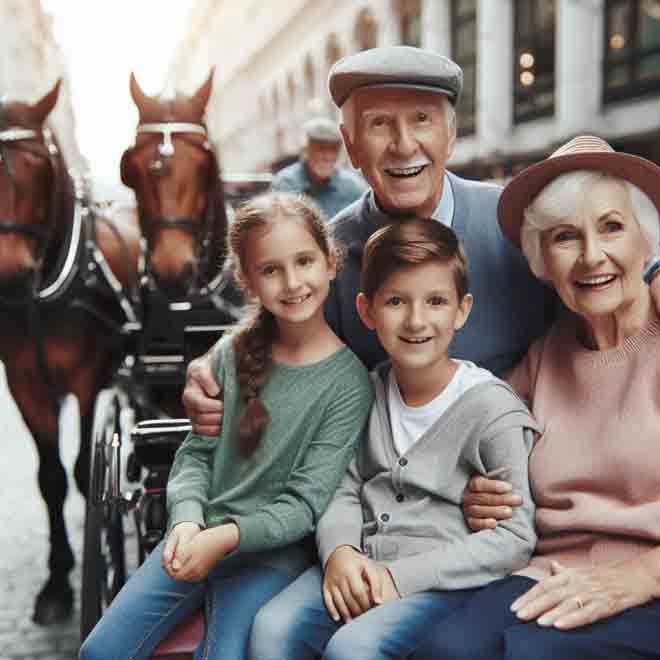 Großeltern und Enkelkinder bei einem Ausflug anlässlich eines  70. Geburtstages, und posieren für ein Foto vor einer Pferdekutsche.