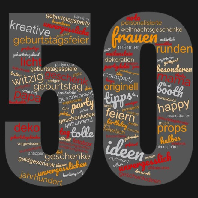Grafik der Zahl 50 gefüllt mit Wörtern zu Frauen, Geburtstagen und Festkonzepten in verschiedenen Schriftarten und Größen, in Schwarz und Grau auf orangefarbenem Hintergrund.