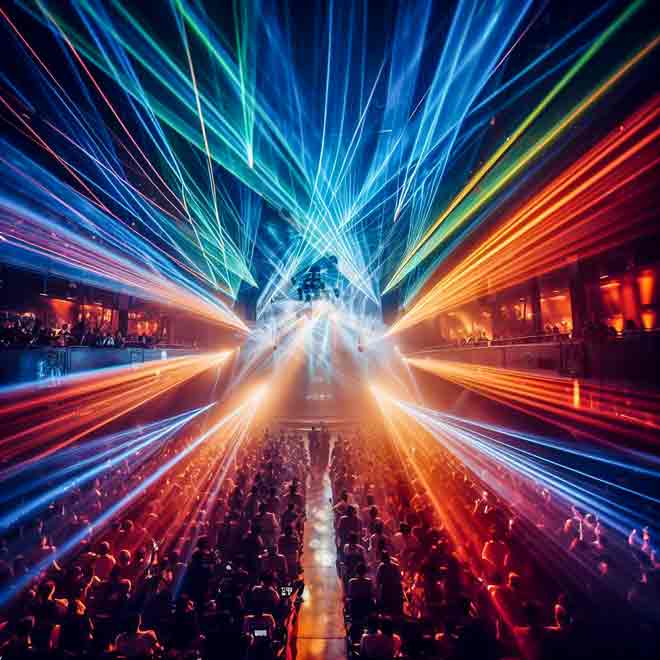 Eine Menschenmenge bei einem Konzert mit Lasershow.