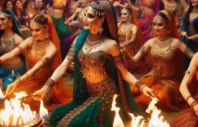 Eine Gruppe indischer Tänzerinnen, die vor einem Feuer auftreten.