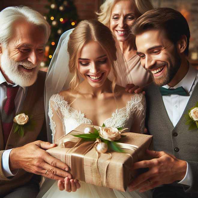 Hochzeitsüberraschungen von den Eltern: Eine Braut und ein Bräutigam halten ein Hochzeitsgeschenk in der Hand.