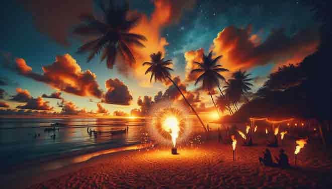Ein Feuer an einem Strand mit Palmen im Hintergrund.