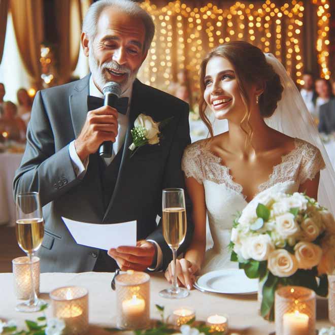 Ein Mann im Anzug stößt auf einer Hochzeit an.