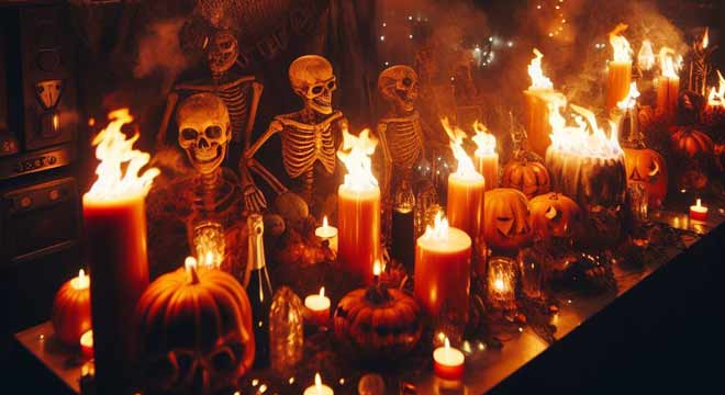 Skelette und Kerzen auf einem Tisch in einem dunklen Raum.