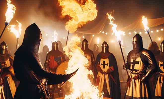 Eine Gruppe Ritter steht um ein Feuer.