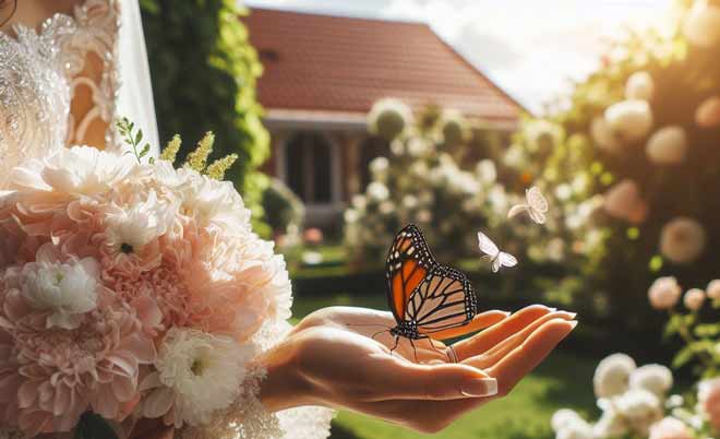Eine Braut hält auf ihrer Hochzeit einen Schmetterling in der Hand.