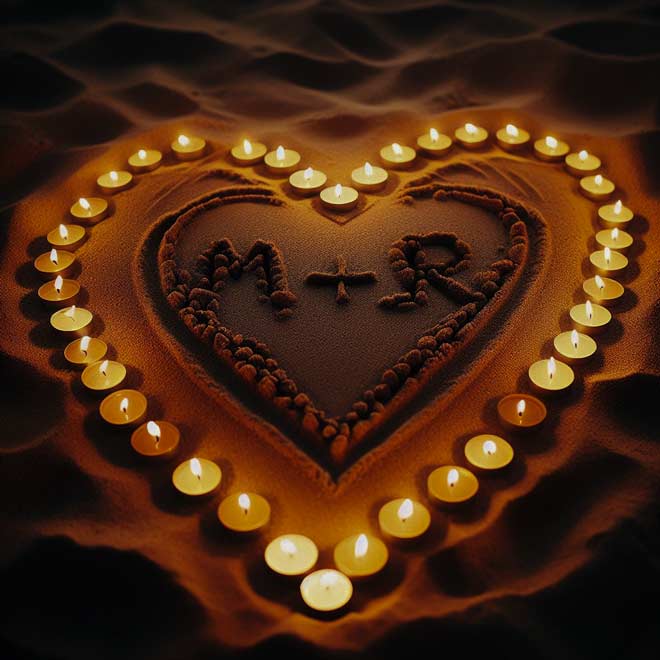 Eine in Sand gezeichnete Herzform mit „M + R“ in der Mitte, umgeben von brennenden Teelichtern.