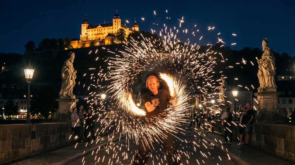Das Bild zeigt einen Feuerkünstler der auf der alten Mainbrücke in Würzburg sein Feuerpoi wirbelt, dass die Funken fliegen. Die beleuchtete Feste Marienberg ist im Hintergrund zu sehen.